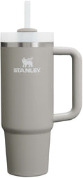 Gray Stanley mug with handle and straw on a white background