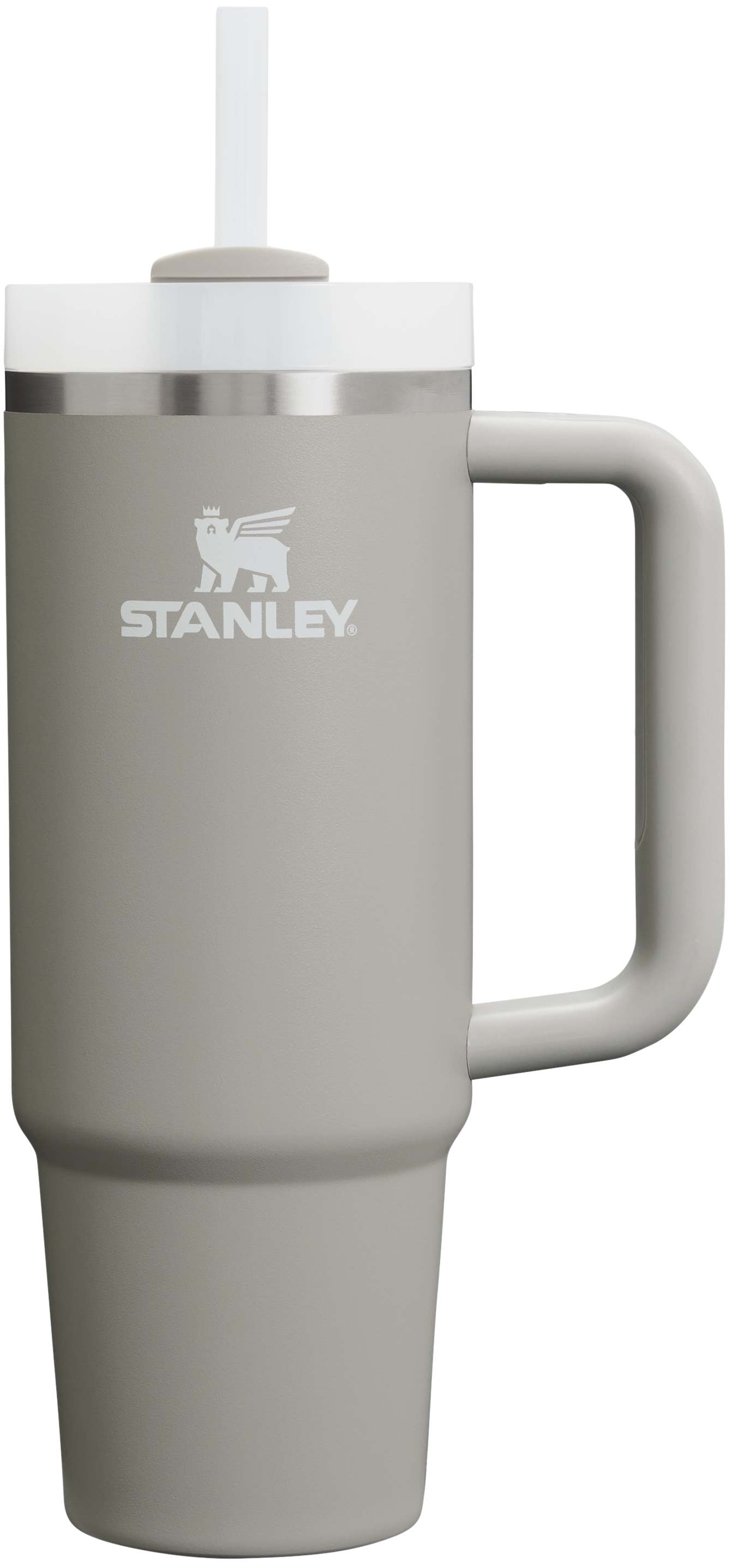 Gray Stanley mug with handle and straw on a white background